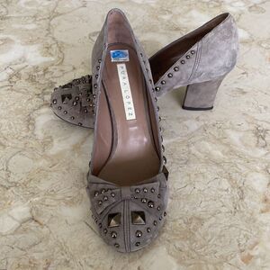Pura Lopez Suede Block Heel Studded Pumps